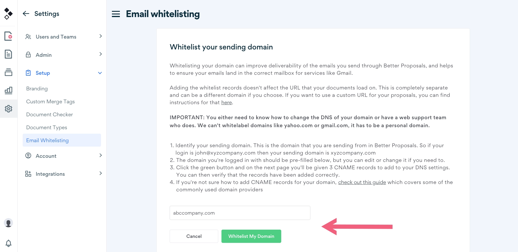 email whitelisting setup in better proposals