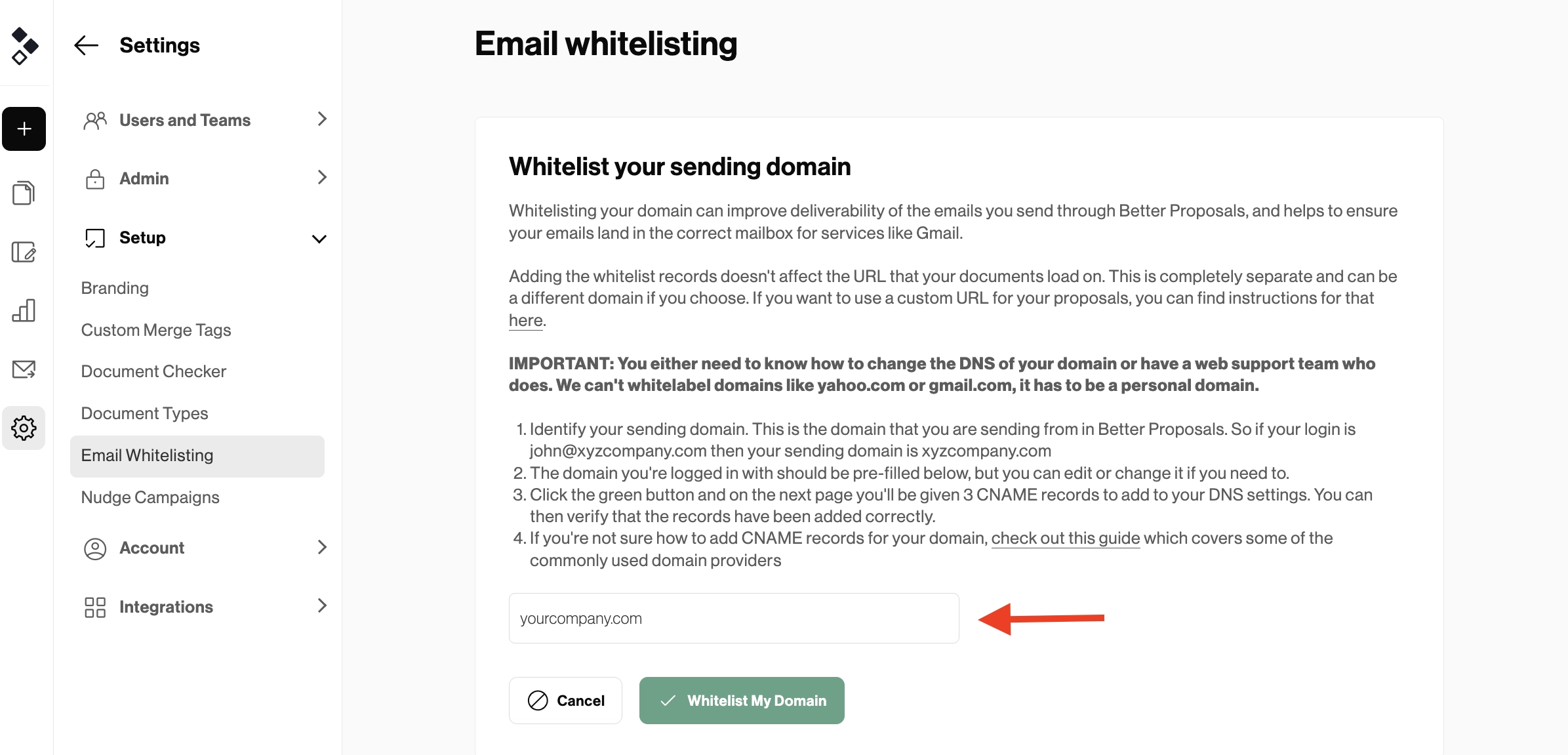 email whitelisting setup in better proposals