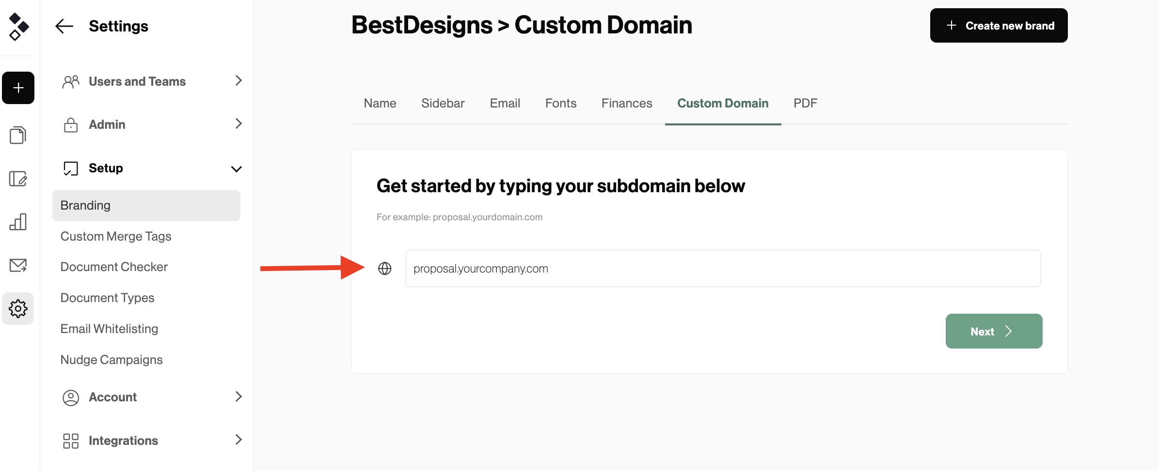 custom domain setup in better proposals