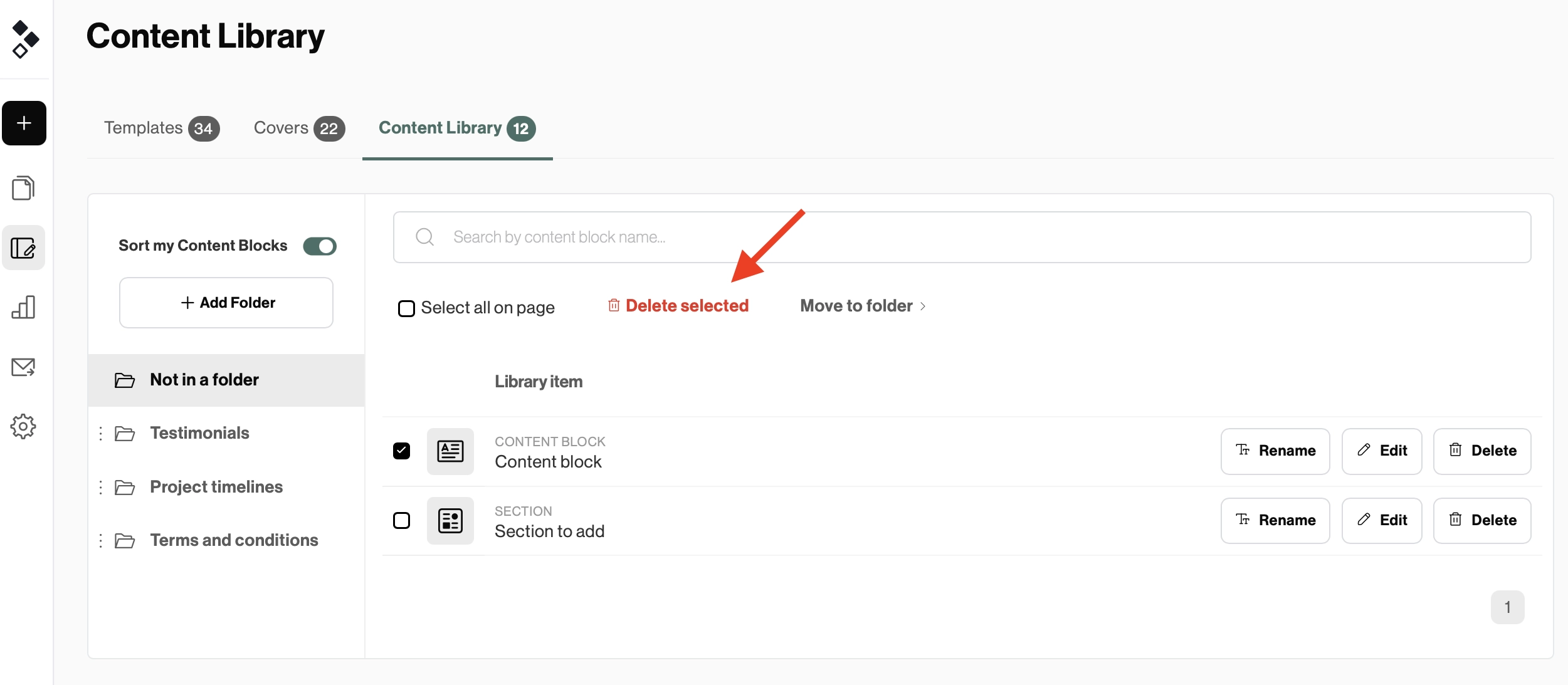 bulk item selection in better proposals content library
