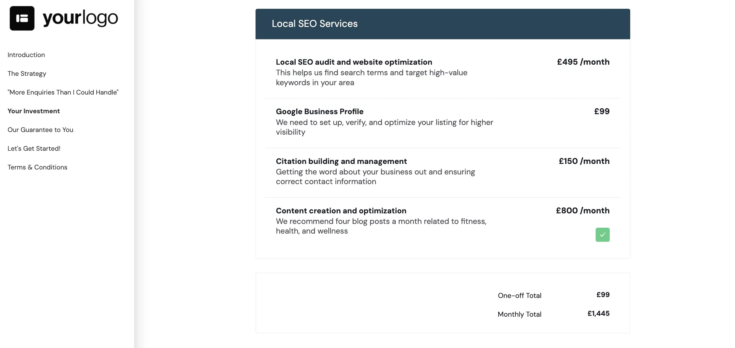 better proposals pricing table