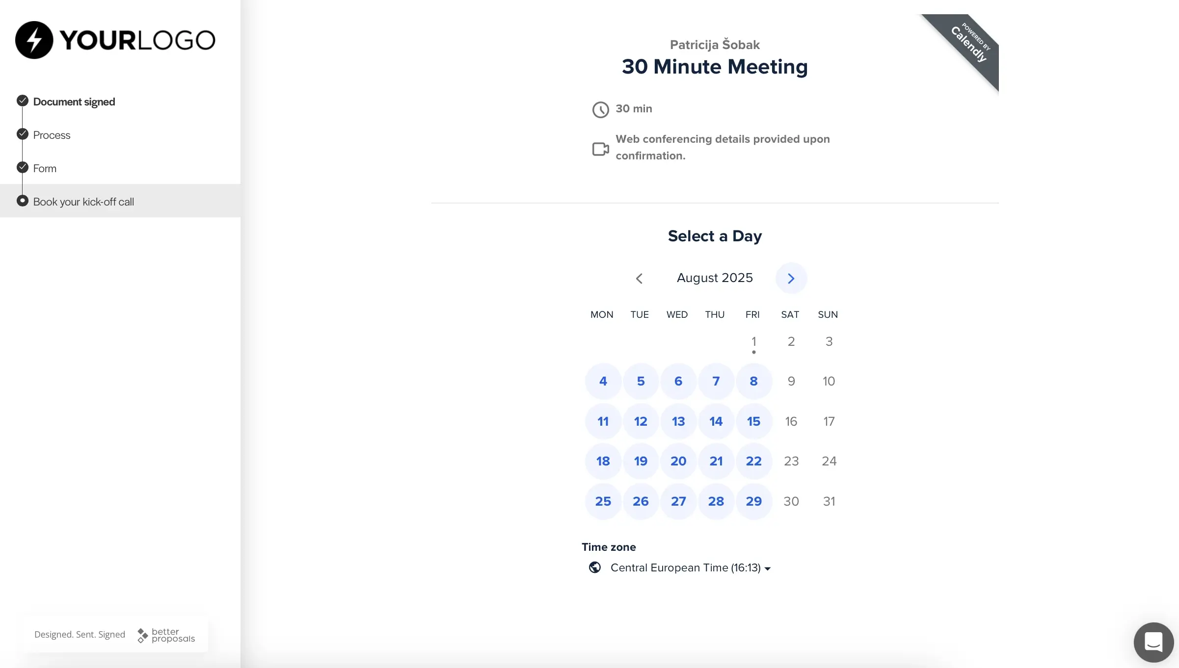 better proposals calendar booking onboarding step