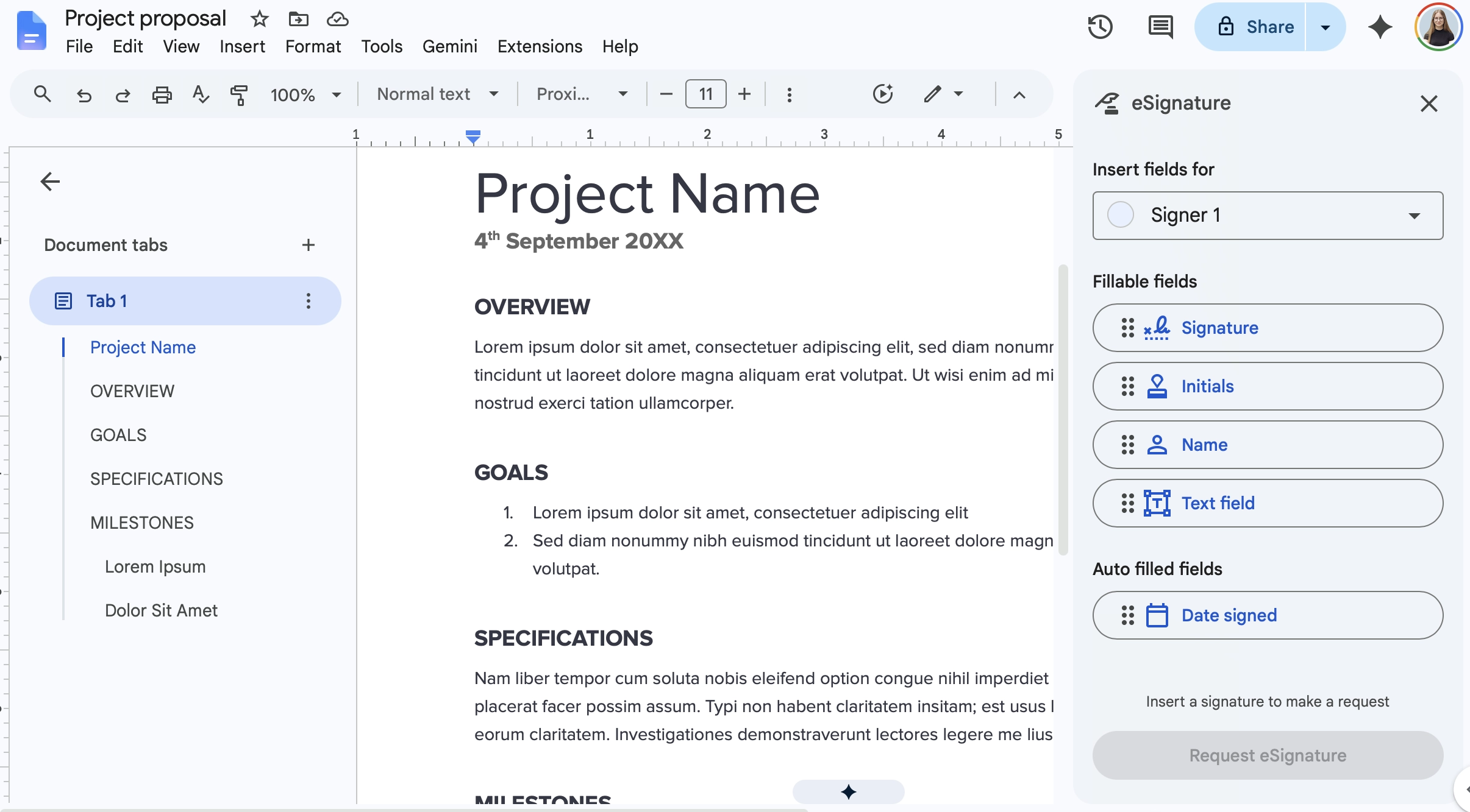 google docs esignatures sidebar