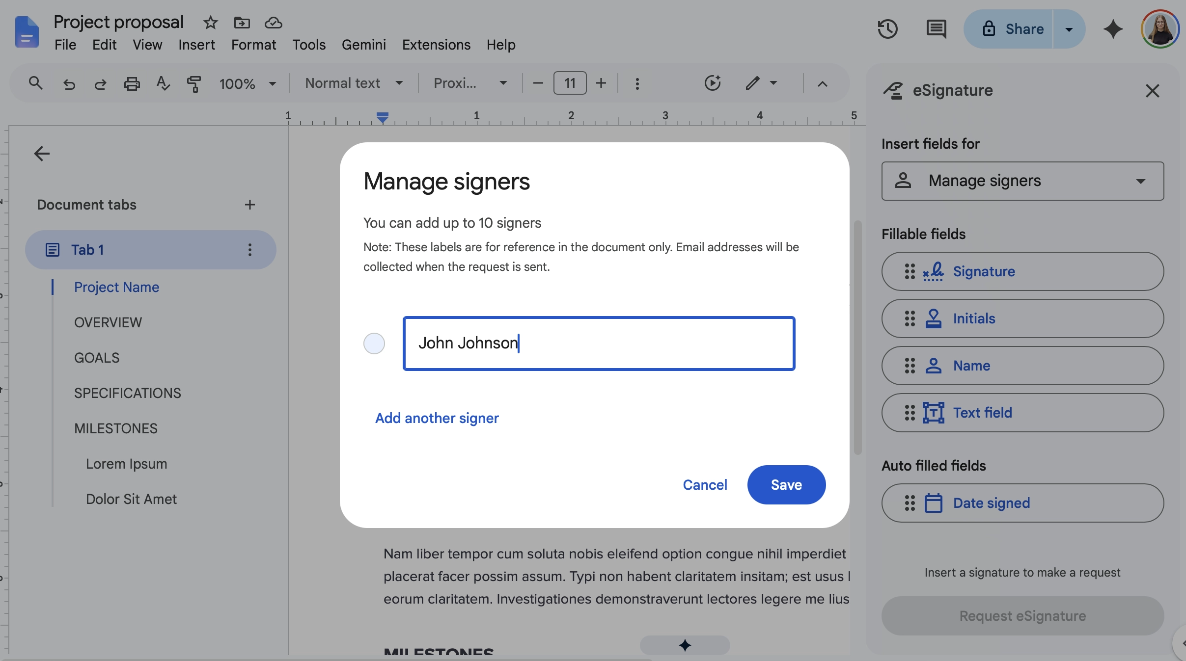 manage signers in google docs