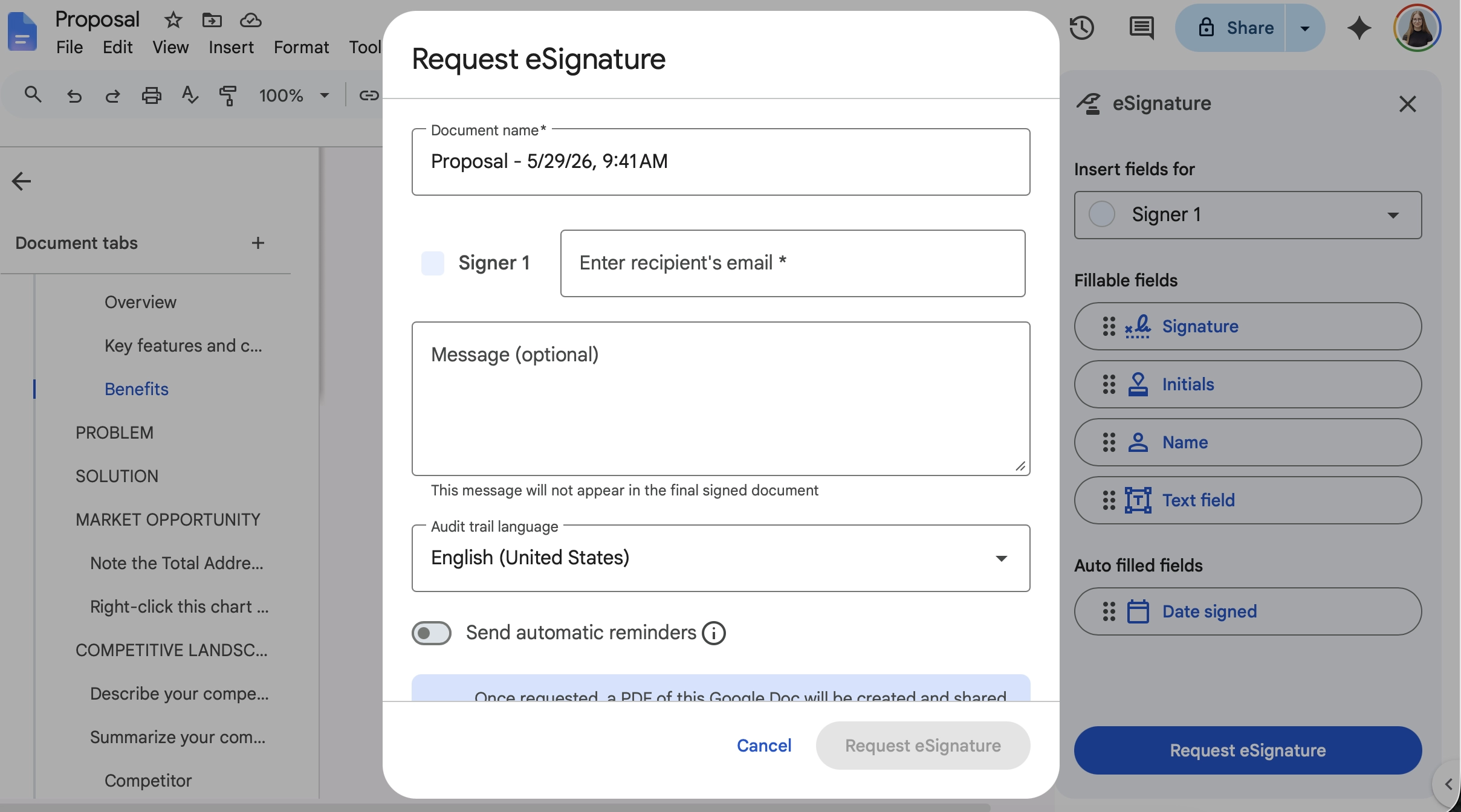 request esignature dialog in google docs