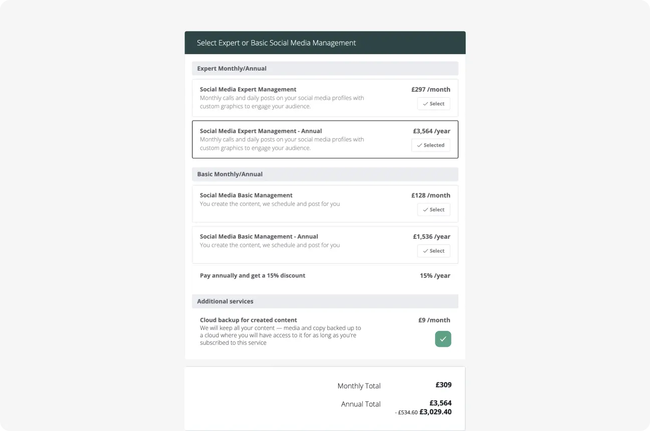 Interactive pricing tables automatically calculate the total based on selected options. Add packages, apply discounts, or include optional services.