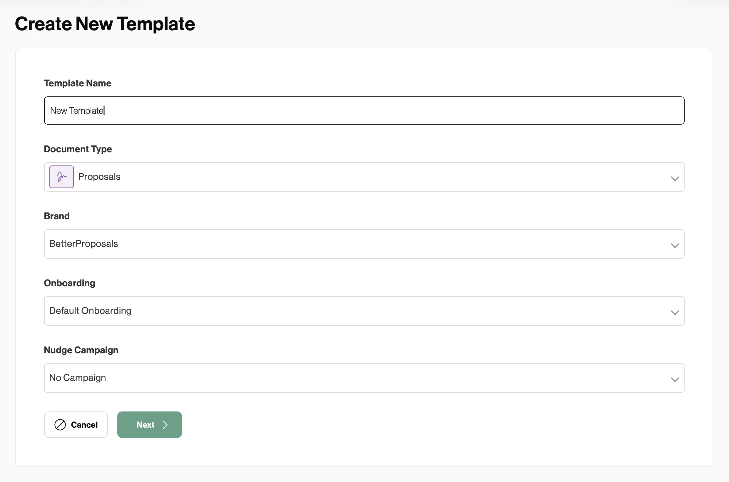new template setup screen