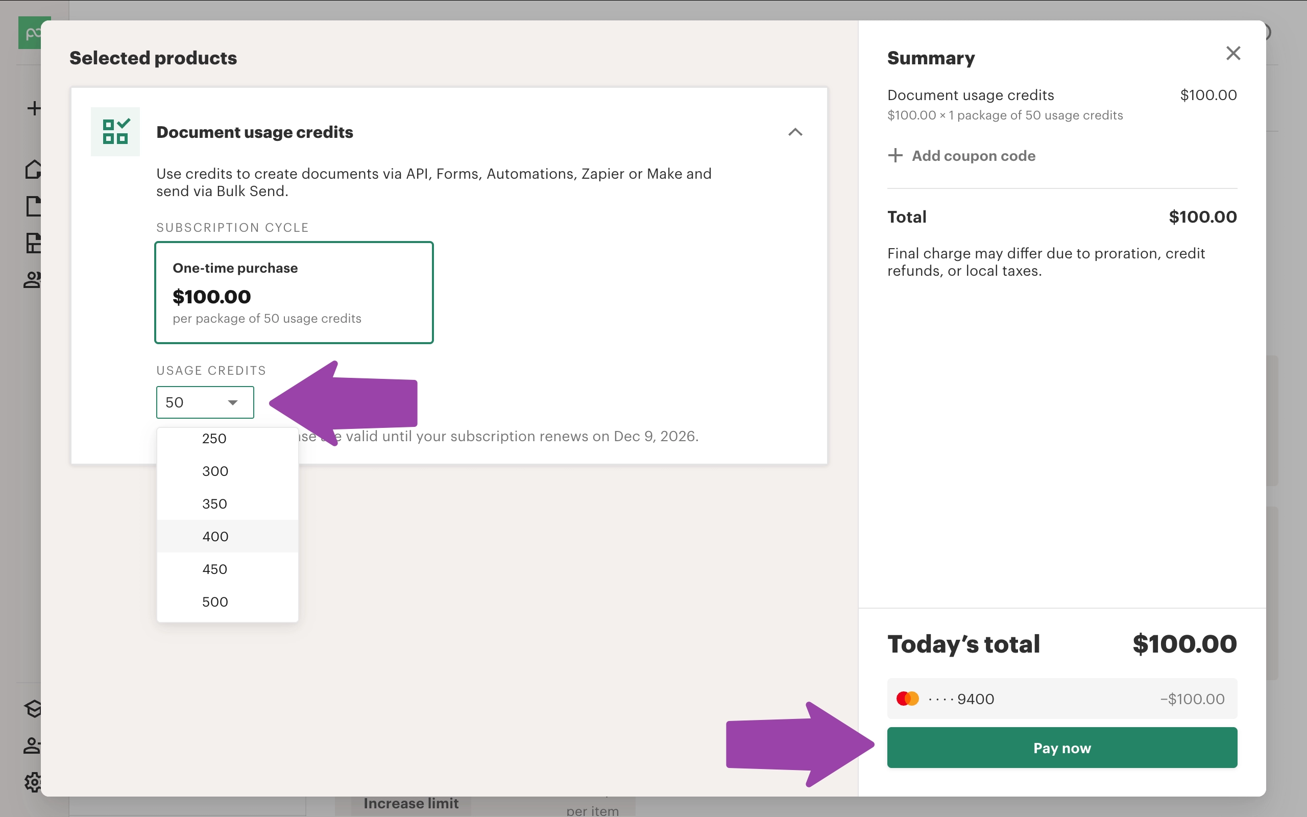 pandadoc help article usage credit fees example